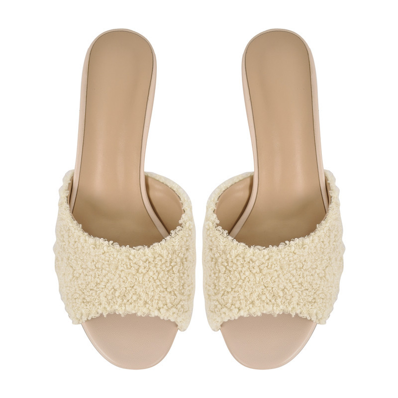 Round Toe Pelzsandalen Pantoletten mit klobigem Absatz