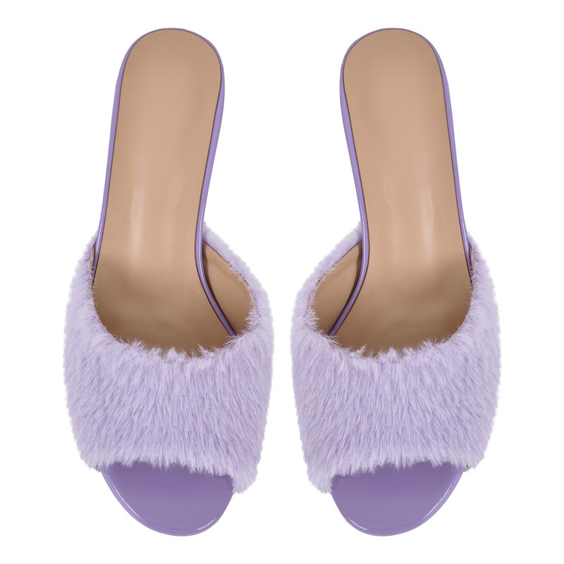 Round Toe Pelzsandalen Pantoletten mit klobigem Absatz