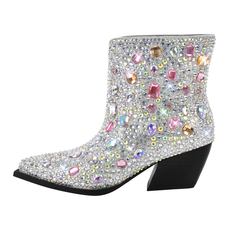 Vielfarbiger Strass Kubanischer Absatz Halbstiefel