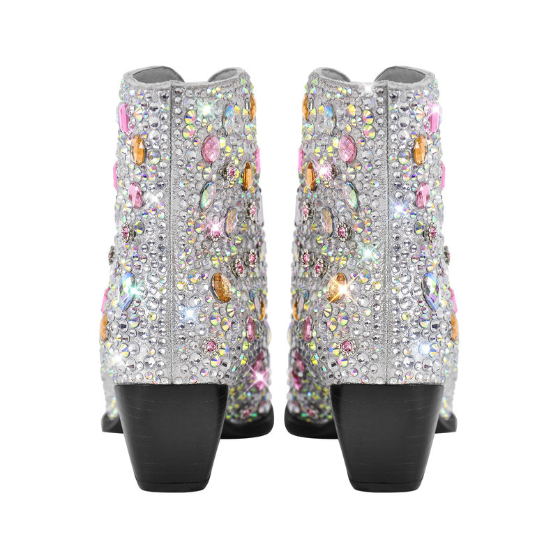 Vielfarbiger Strass Kubanischer Absatz Halbstiefel