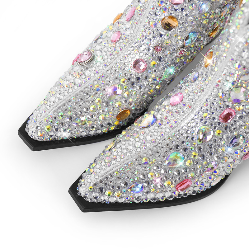 Vielfarbiger Strass Kubanischer Absatz Halbstiefel