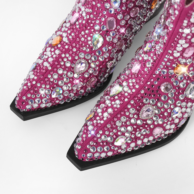 Vielfarbiger Strass Kubanischer Absatz Halbstiefel