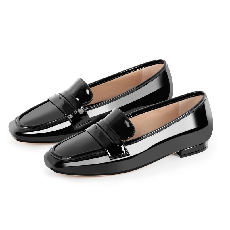 Schwarzes Lackleder Quadratische Loafer Flats