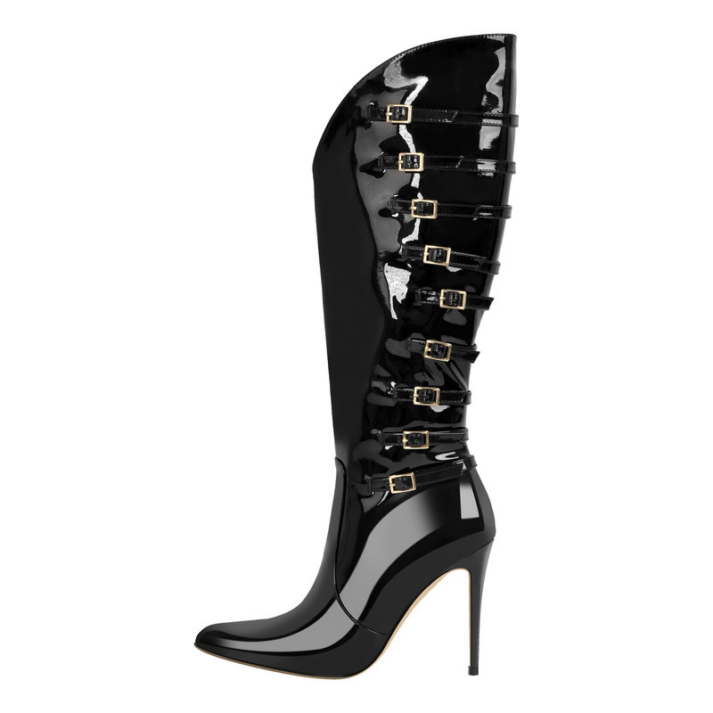 Spitz zulaufende Multi Buckle Stiletto Kniestiefel