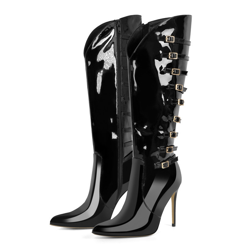 Spitz zulaufende Multi Buckle Stiletto Kniestiefel