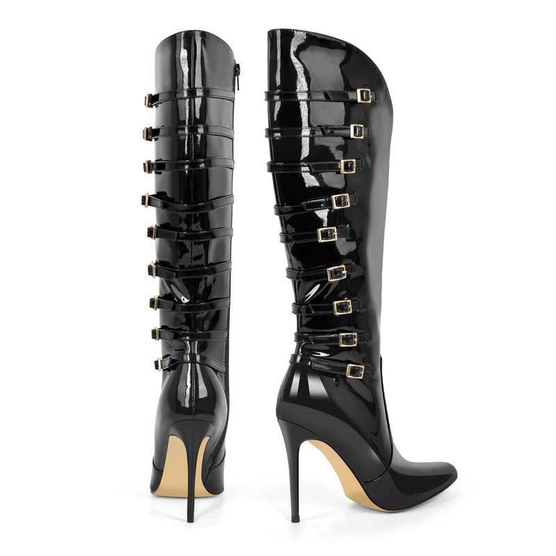 Spitz zulaufende Multi Buckle Stiletto Kniestiefel