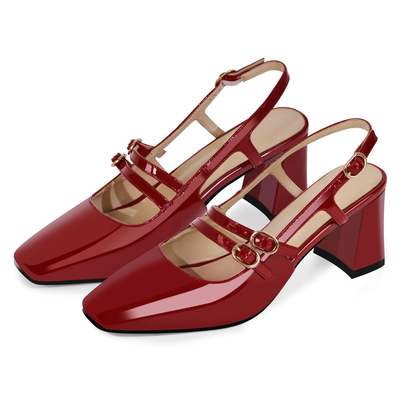 Lackleder Chunky Heel Schnalle Quadratische Slingpumps