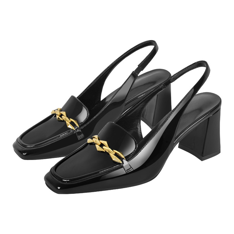 Quadratische Zehe Metallkette Blockabsatz Slingback Pumps