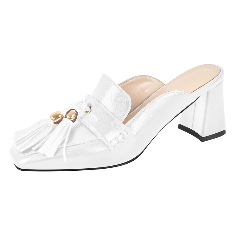 Quadratische Zehen Fransen Pantoletten mit klobigem Absatz