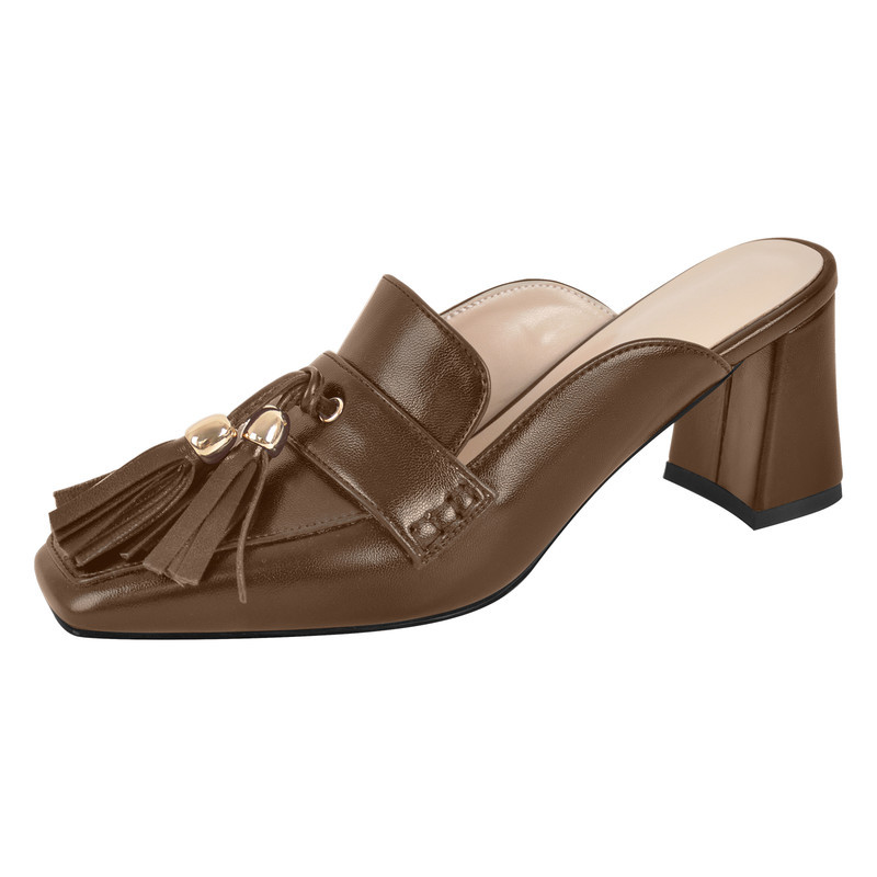 Quadratische Zehen Fransen Pantoletten mit klobigem Absatz