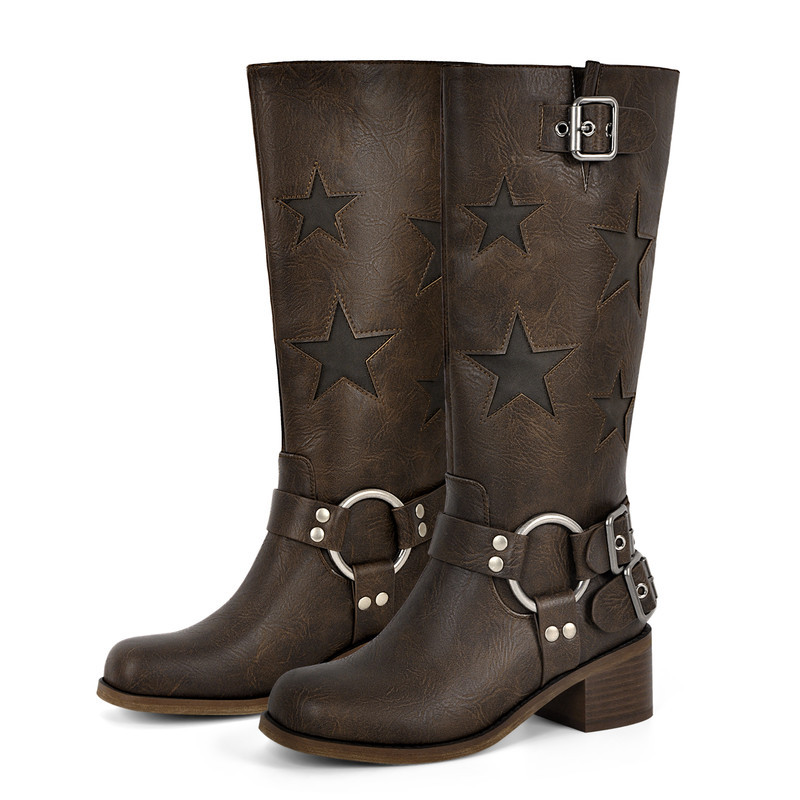 Sterne Square Toe Kniestiefel mit Schnalle