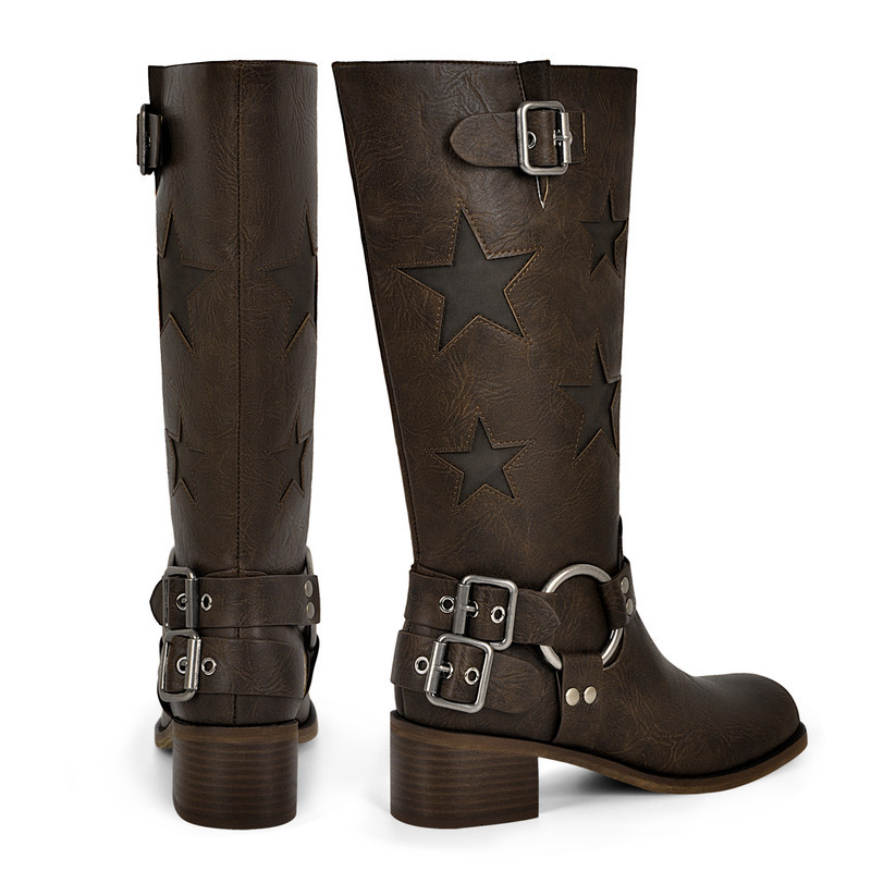 Sterne Square Toe Kniestiefel mit Schnalle