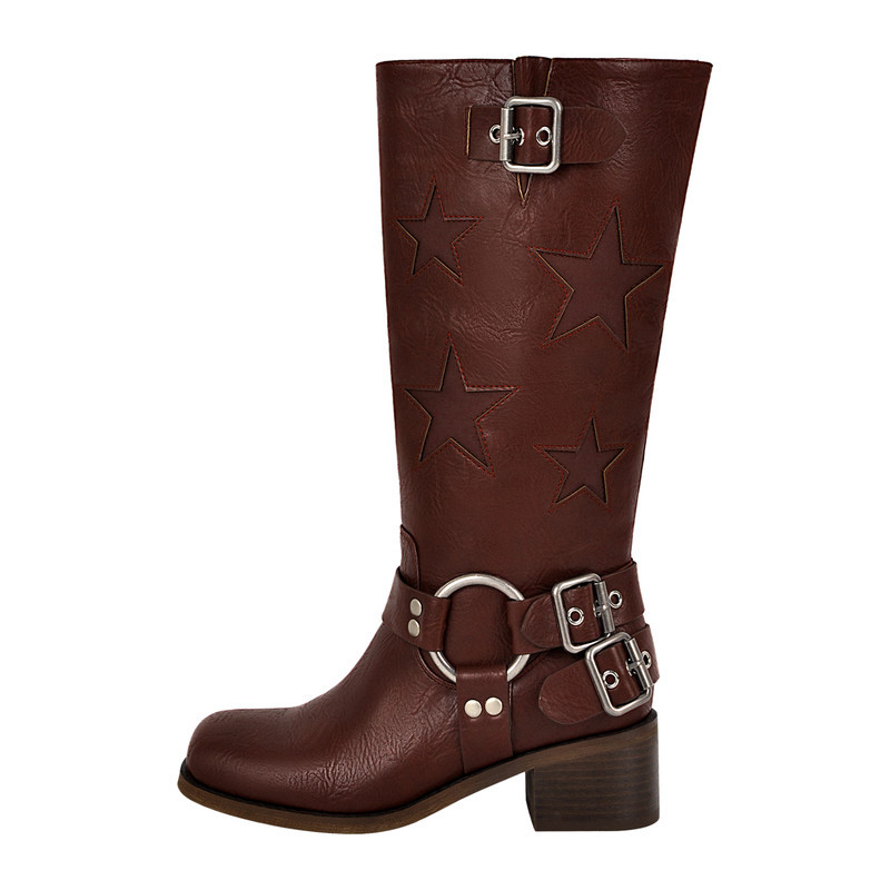 Sterne Square Toe Kniestiefel mit Schnalle