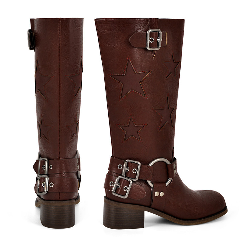 Sterne Square Toe Kniestiefel mit Schnalle