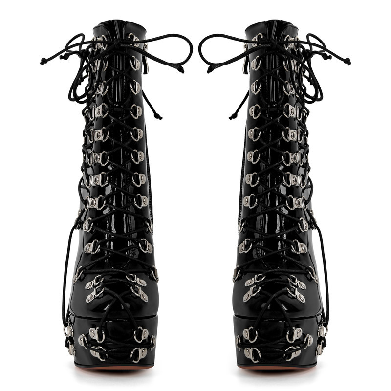 Plattform Metall Schnallen Schnürung Chunky Heel Stiefeletten