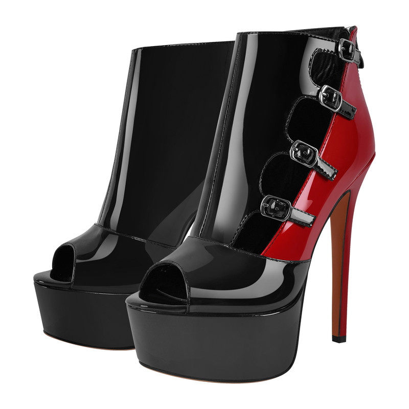 Stiefeletten mit Peep Toe Plateau und mehreren Schnallen