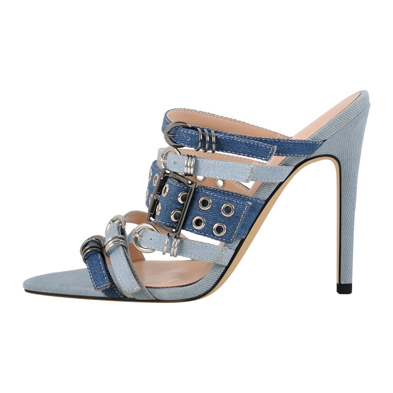 Denim spitzte Zehenschnallengurte Maultiere