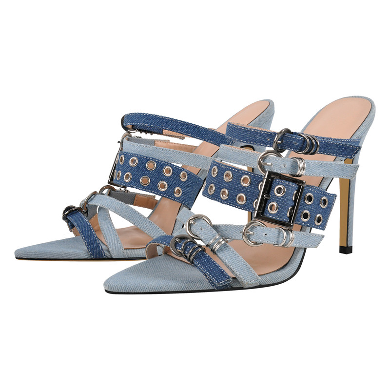 Denim spitzte Zehenschnallengurte Maultiere