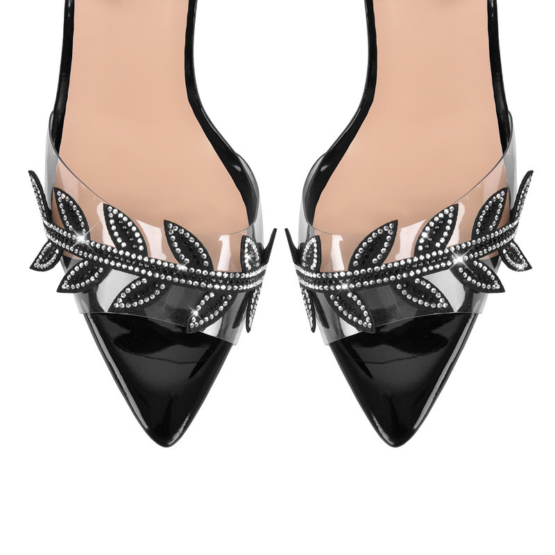 Schwarze High Heel Sandalen mit Rankengewächse Dekoration