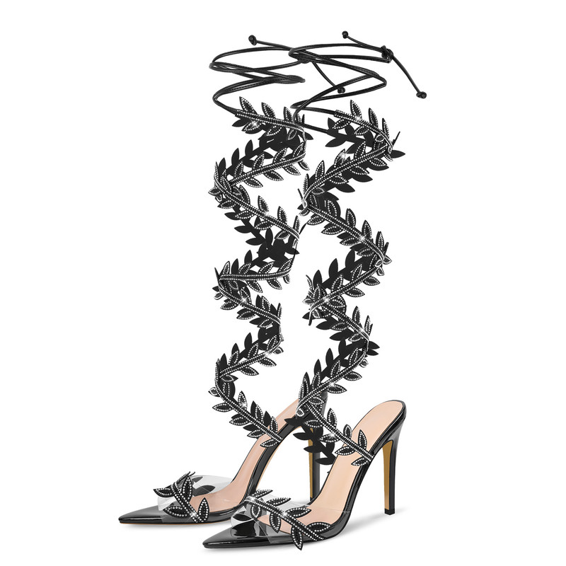Schwarze High Heel Sandalen mit Rankengewächse Dekoration