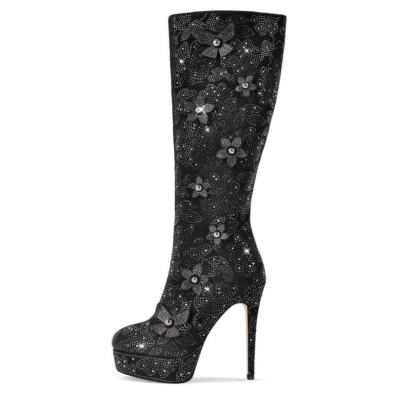 Plateaustiefel mit Strass und Blumen