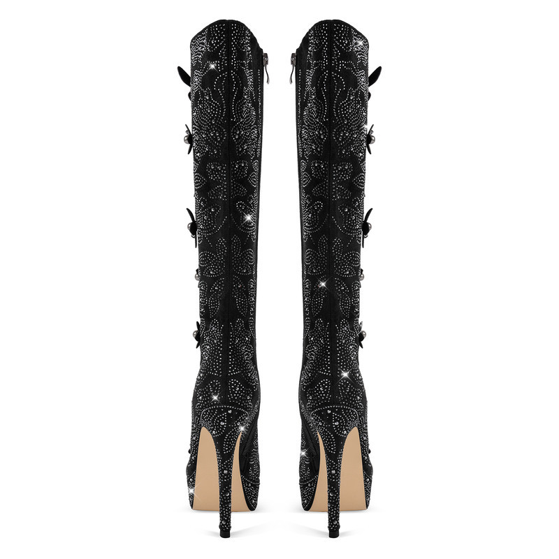 Plateaustiefel mit Strass und Blumen