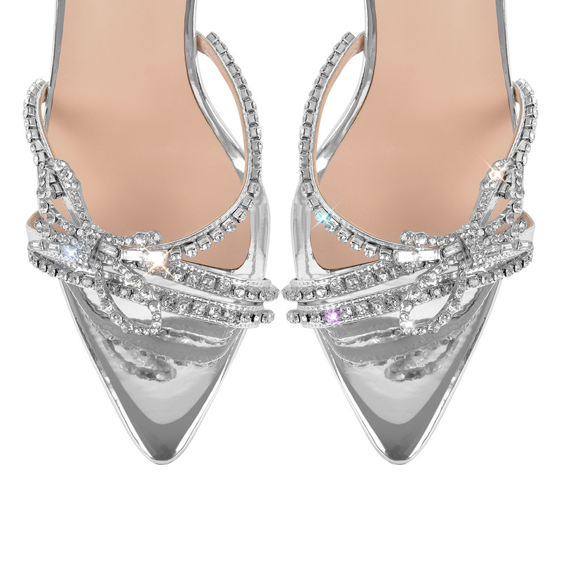 Silberne High Heel Sandalen mit StrassSchleife