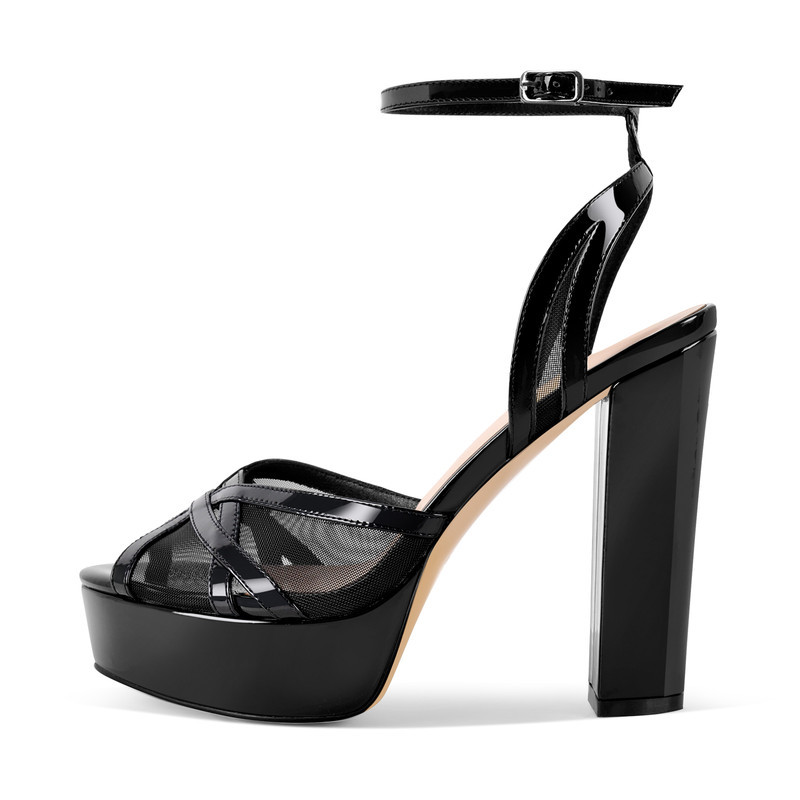 Plattform Mesh Knöchelgurt klobige Fersensandalen