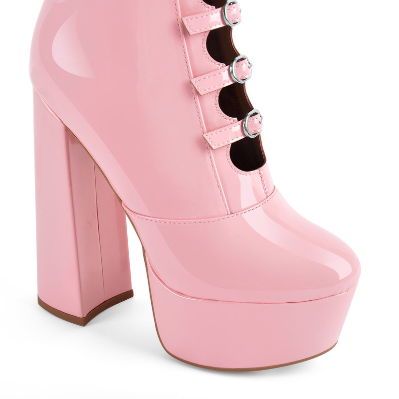 Damen Kniehohe Lackstiefel mit Absatz und Verschnürung