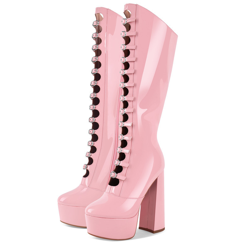 Damen Kniehohe Lackstiefel mit Absatz und Verschnürung