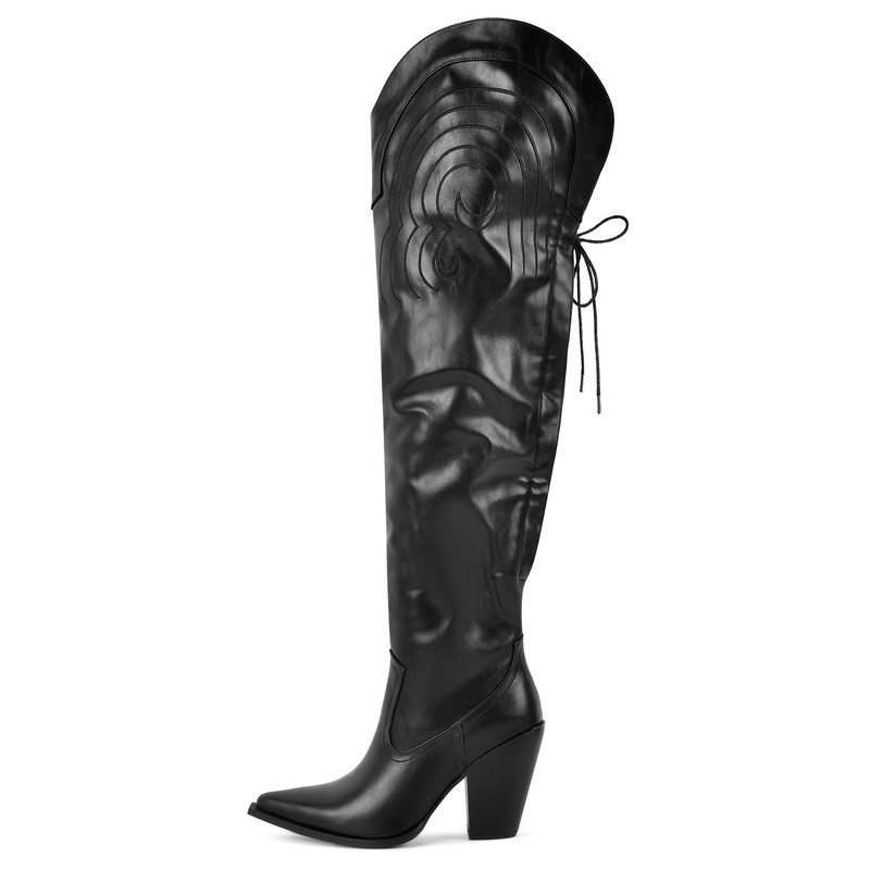 Überknie Stiefel mit Bindegarn - Details und Lederoptik