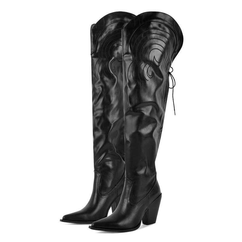 Überknie Stiefel mit Bindegarn - Details und Lederoptik