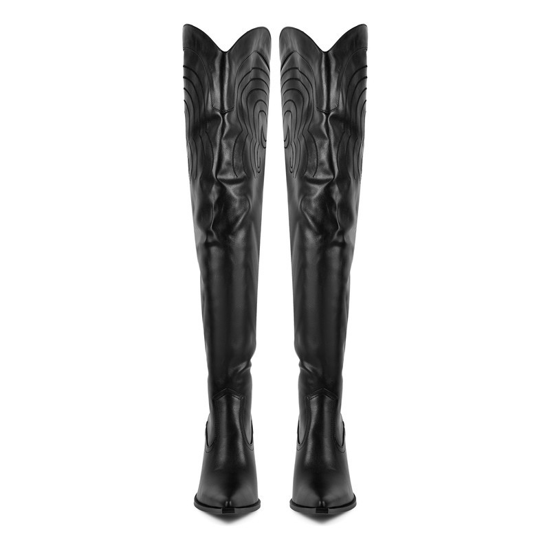 Überknie Stiefel mit Bindegarn - Details und Lederoptik