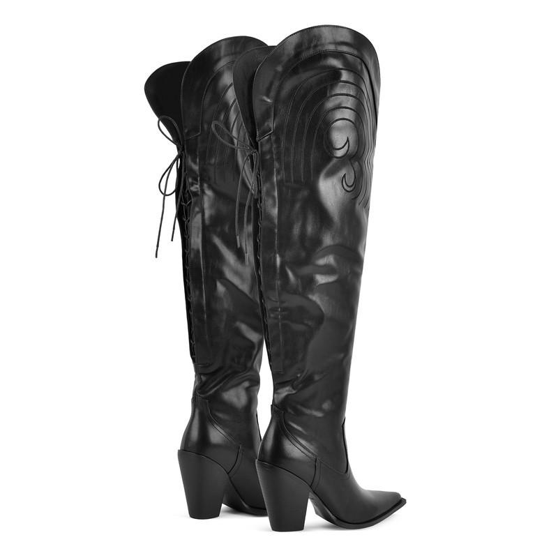 Überknie Stiefel mit Bindegarn - Details und Lederoptik