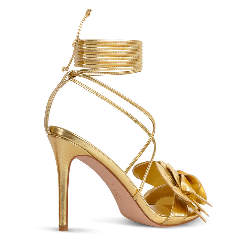 Goldene High Heel Sandalen mit Blumen