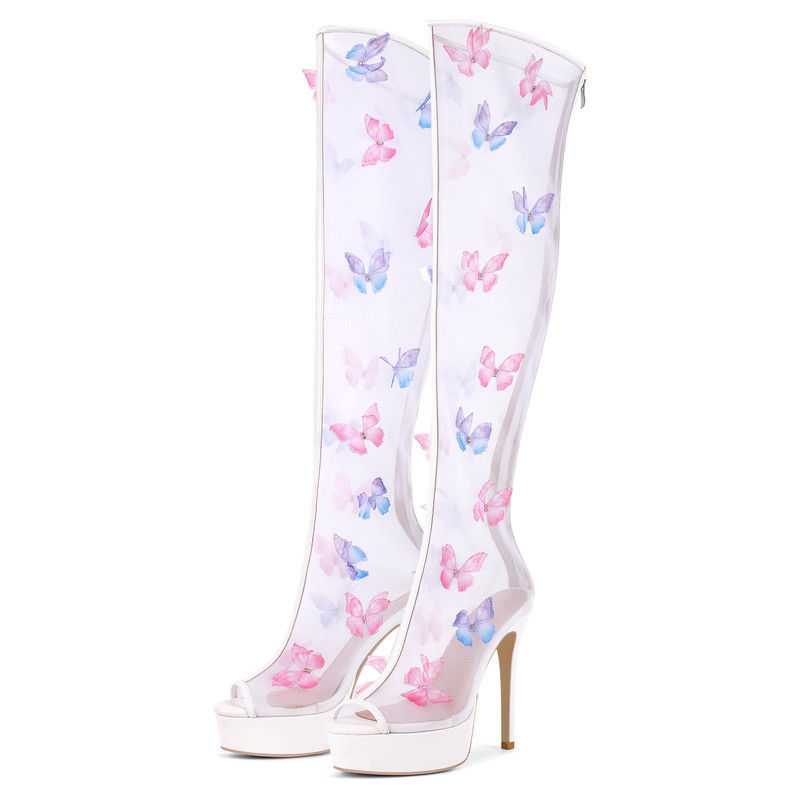 Transparente Kniehohe Stiefel mit Schmetterlingsprint