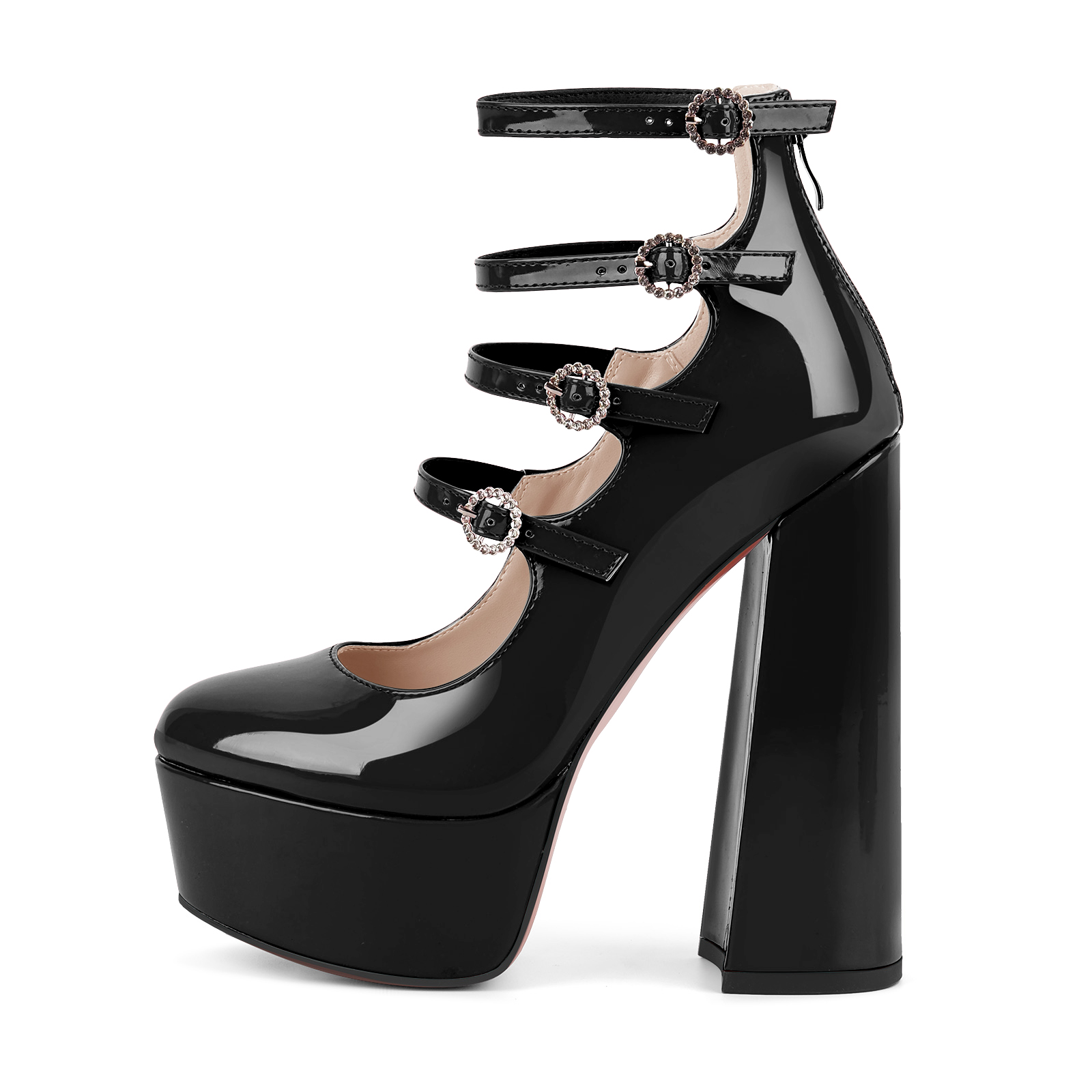 Plateau Pumps mit Strass und mehreren Schnallen