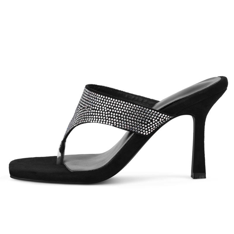 Wildleder Sandalen mit eckiger Spitze und Strasssteinen