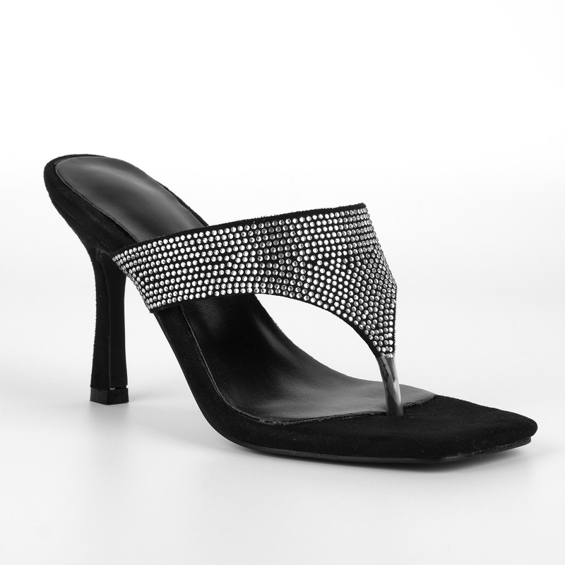 Wildleder Sandalen mit eckiger Spitze und Strasssteinen