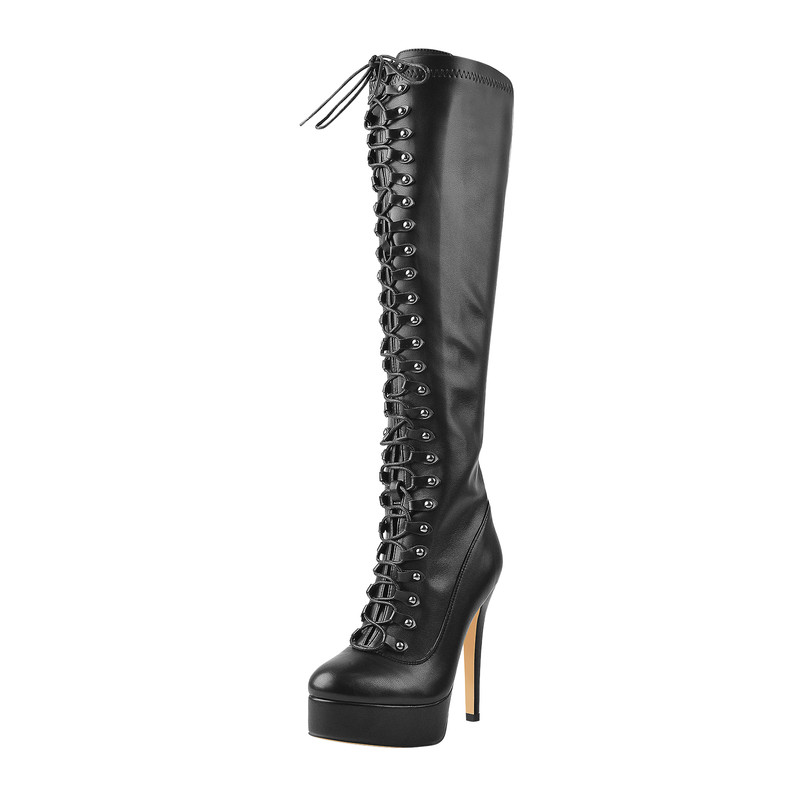 Niete Schnürsenkel Reißverschluss Plateau Langschaftstiefel