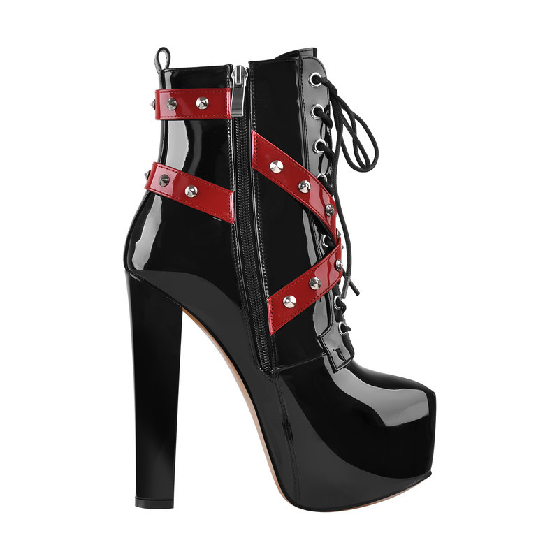 Plateau Niete Schnalle Schnürsenkel Blockabsatz Stiefel