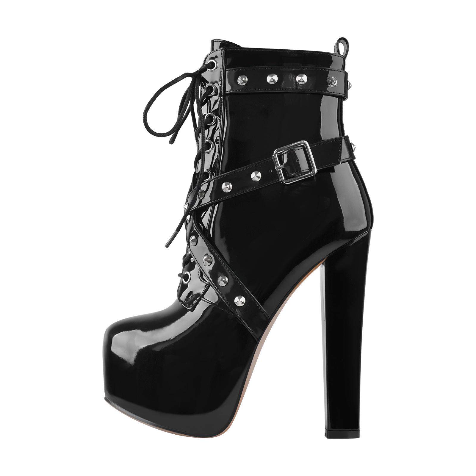 Plateau Niete Schnalle Schnürsenkel Blockabsatz Stiefel