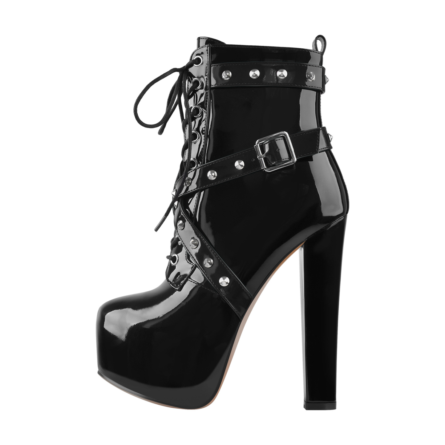 Plateau Niete Schnalle Schnürsenkel Blockabsatz Stiefel