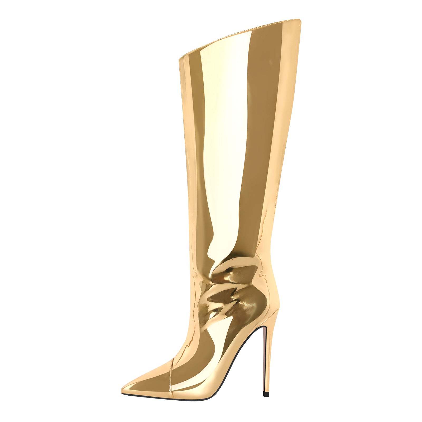 Metallische Langschaftstiefel mit Pfennigabsatz Glitter Stilettos High Heels Reißverschluss