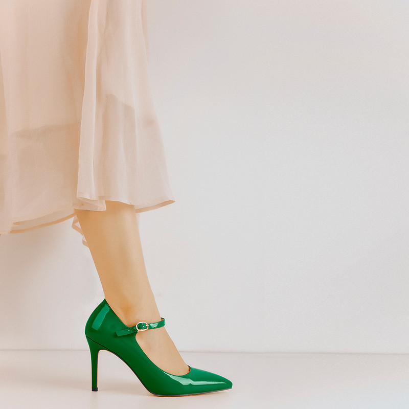 Mary Jane Lackleder Pumps High Heel spitze Zehenpartie