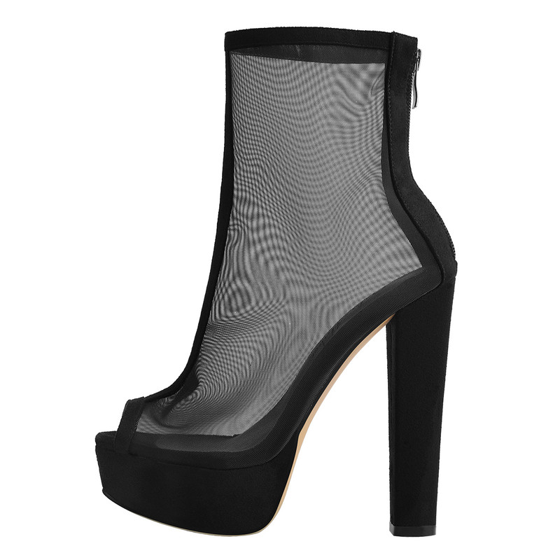 Mesh Peep Toe Plattform Chunky High Heel Sandalen Stiefel