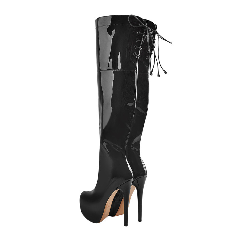 Overknee Stiefel aus Kunstleder mit Plateauabsatz und hohen Absätzen