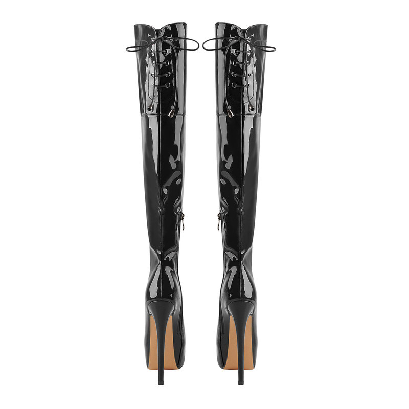 Overknee Stiefel aus Kunstleder mit Plateauabsatz und hohen Absätzen