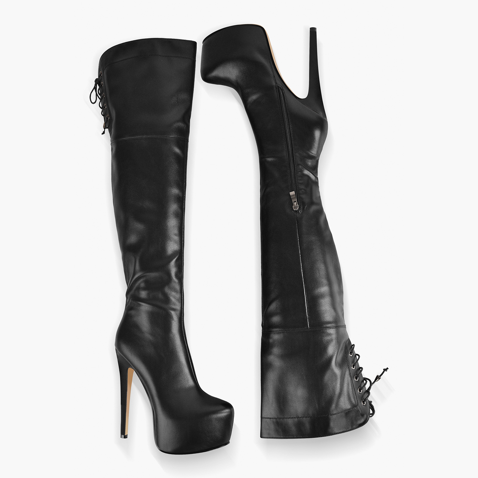 Overknee Stiefel aus Kunstleder mit Plateauabsatz und hohen Absätzen