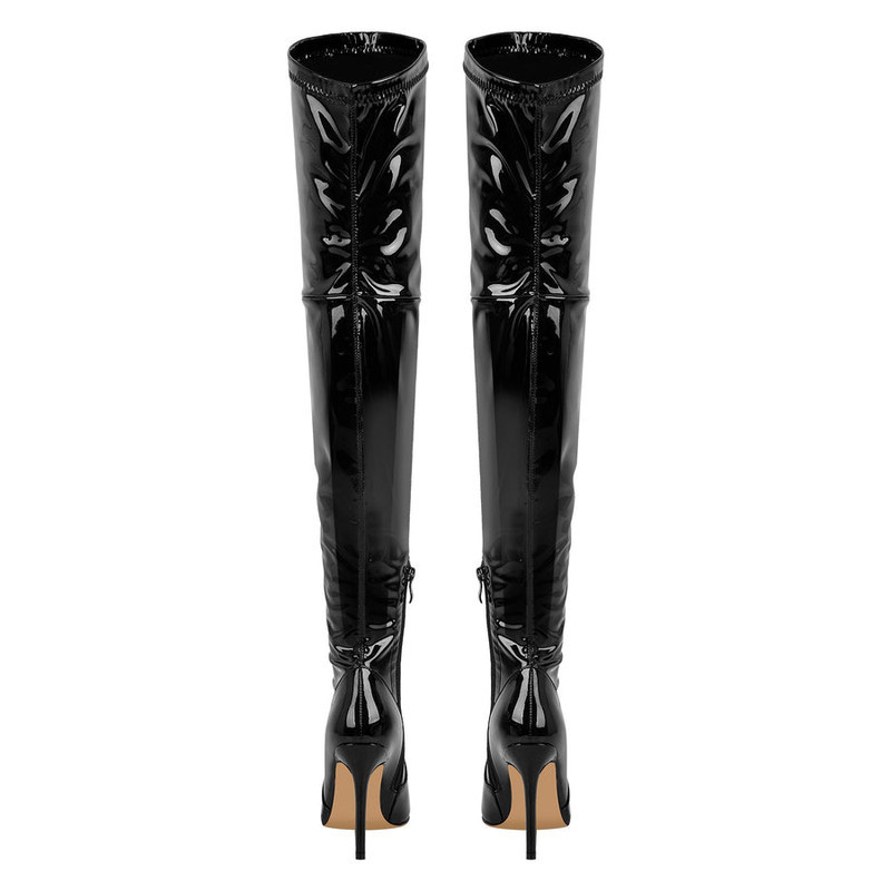 Damen Lackleder High Heels Kniehohe Stretch Stiefel